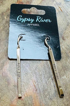 Gold bar Roll Tide bar earrings on a 'Gypsy River Apparel' branded card against a textured surface.
