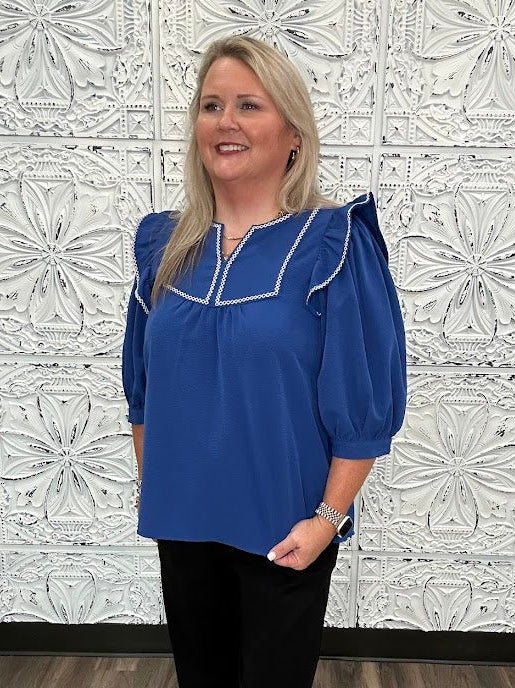 Royal Blue Embroidered Ruffle Sleeve Blouse