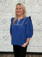 Royal Blue Embroidered Ruffle Sleeve Blouse