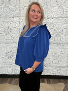 Royal Blue Embroidered Ruffle Sleeve Blouse