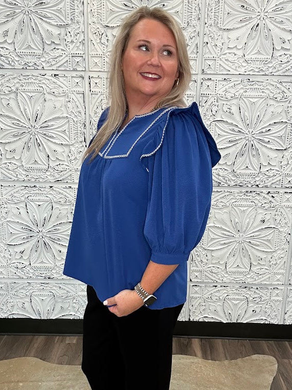 Royal Blue Embroidered Ruffle Sleeve Blouse
