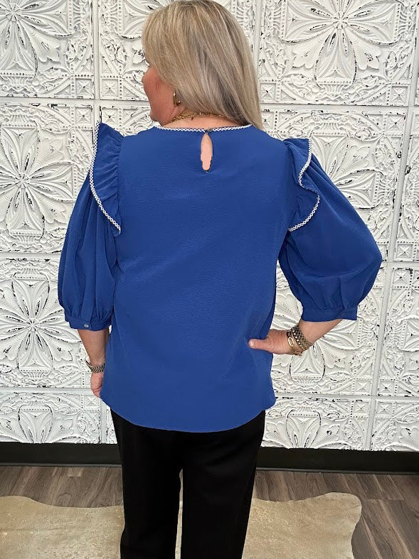 Royal Blue Embroidered Ruffle Sleeve Blouse