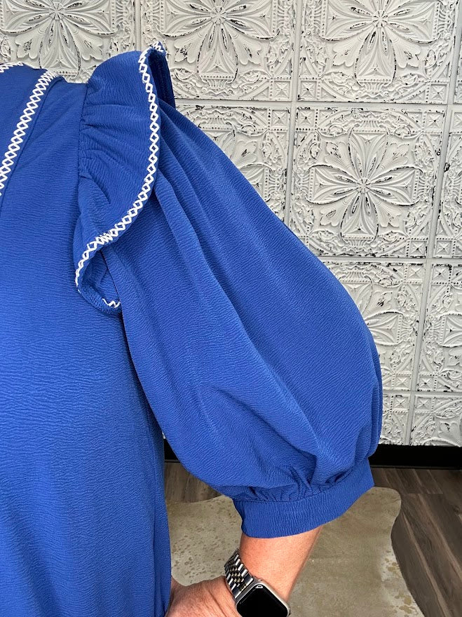 Royal Blue Embroidered Ruffle Sleeve Blouse