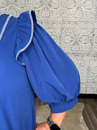 Royal Blue Embroidered Ruffle Sleeve Blouse