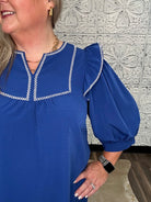 Royal Blue Embroidered Ruffle Sleeve Blouse