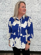 Royal Blue Floral Scallop Trim Peplum Blouse