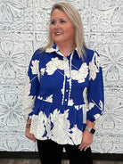 Royal Blue Floral Scallop Trim Peplum Blouse
