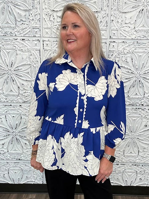 Royal Blue Floral Scallop Trim Peplum Blouse