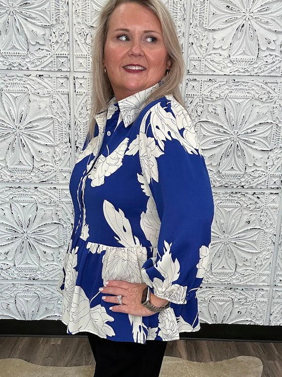 Royal Blue Floral Scallop Trim Peplum Blouse