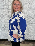 Royal Blue Floral Scallop Trim Peplum Blouse