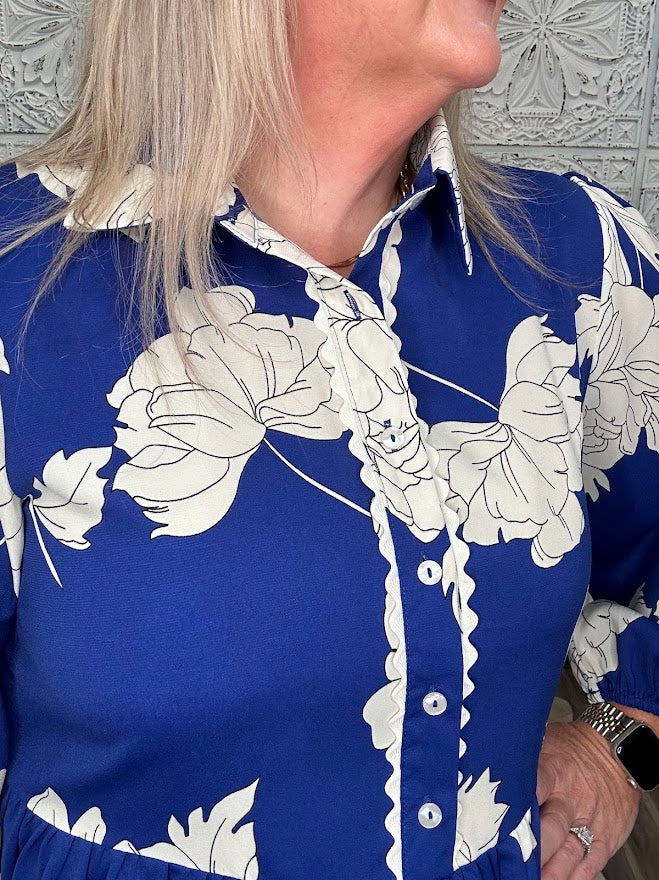 Royal Blue Floral Scallop Trim Peplum Blouse