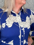 Royal Blue Floral Scallop Trim Peplum Blouse