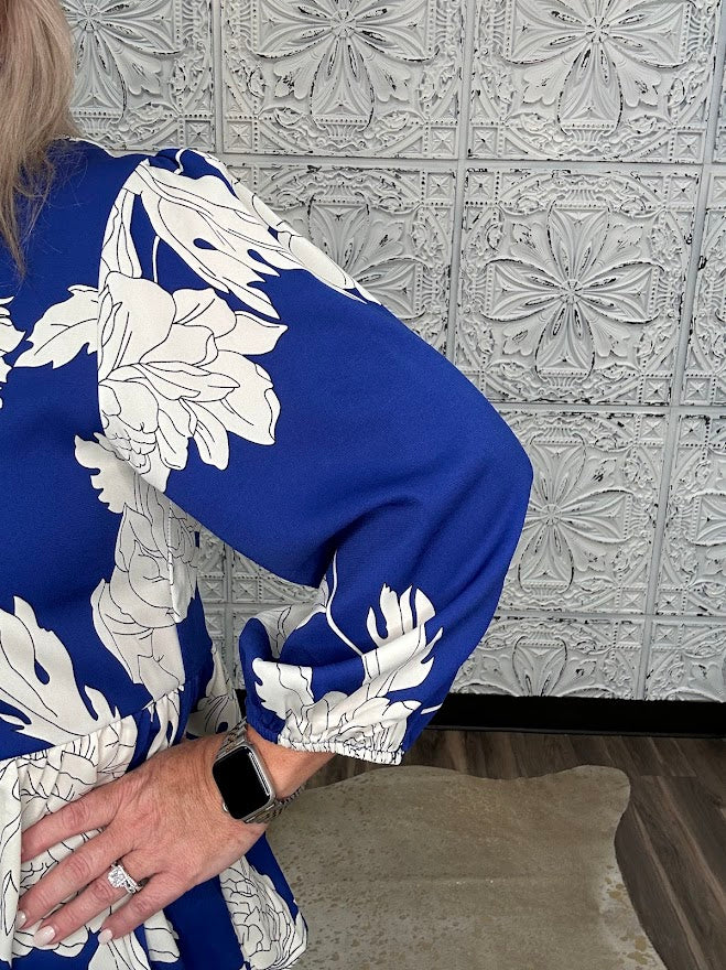 Royal Blue Floral Scallop Trim Peplum Blouse