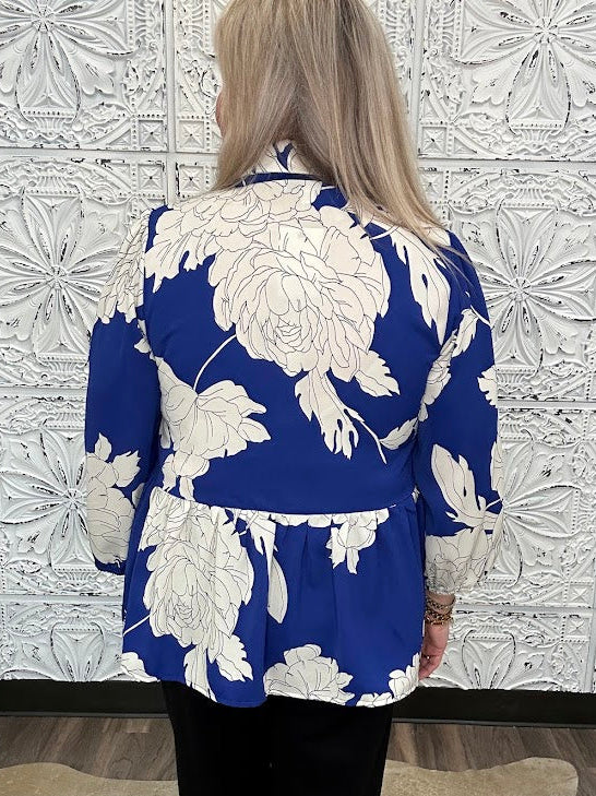 Royal Blue Floral Scallop Trim Peplum Blouse