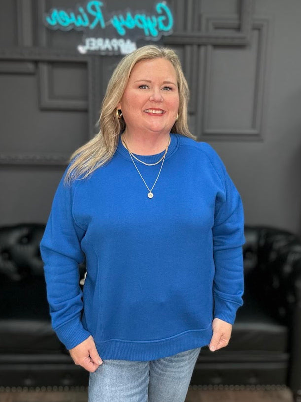 blue crewneck sweatshirt, royal blue sweatshirt, women’s crewneck pullover, plus size sweatshirt, cozy fall sweatshirt, casual women’s top, long sleeve crewneck, Gypsy River sweatshirt, classic crewneck sweater, everyday casual wear, women’s boutique sweatshirt, solid color sweatshirt