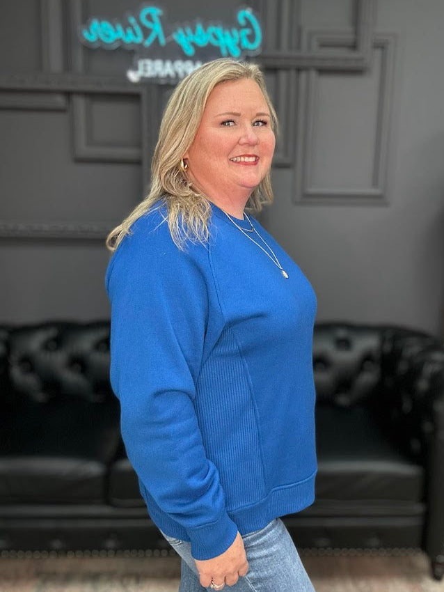 blue crewneck sweatshirt, royal blue sweatshirt, women’s crewneck pullover, plus size sweatshirt, cozy fall sweatshirt, casual women’s top, long sleeve crewneck, Gypsy River sweatshirt, classic crewneck sweater, everyday casual wear, women’s boutique sweatshirt, solid color sweatshirt