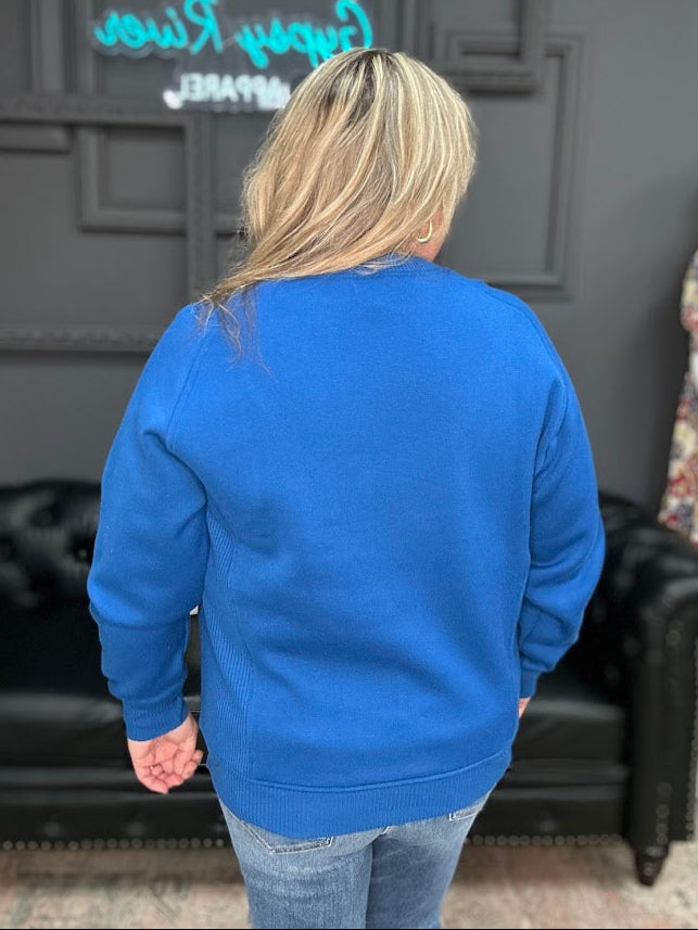 blue crewneck sweatshirt, royal blue sweatshirt, women’s crewneck pullover, plus size sweatshirt, cozy fall sweatshirt, casual women’s top, long sleeve crewneck, Gypsy River sweatshirt, classic crewneck sweater, everyday casual wear, women’s boutique sweatshirt, solid color sweatshirt