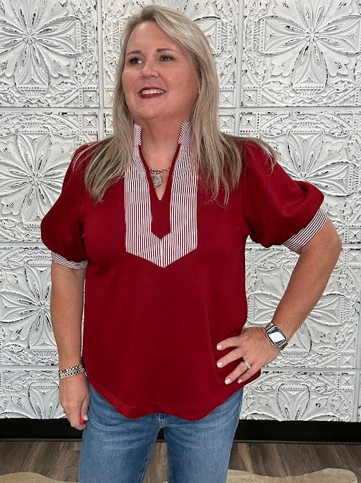 Ruby Puff Sleeve Contrast Trim Knit Top