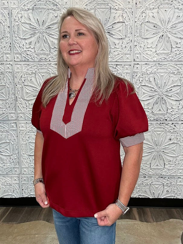 Ruby Puff Sleeve Contrast Trim Knit Top