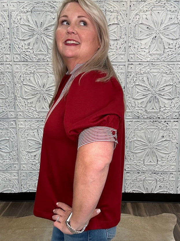 Ruby Puff Sleeve Contrast Trim Knit Top