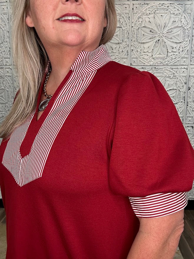 Ruby Puff Sleeve Contrast Trim Knit Top