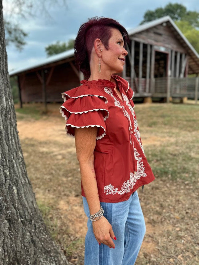 rust embroidered top, flutter sleeve blouse, scallop trim top, women’s embroidered shirt, boho western top, lightweight fall top, Gypsy River Apparel