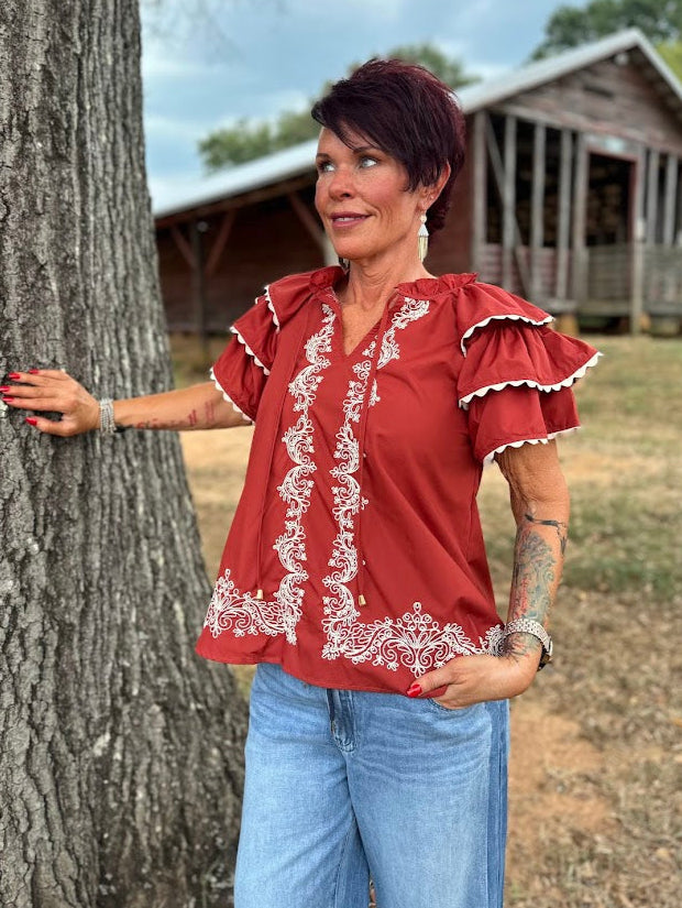 rust embroidered top, flutter sleeve blouse, scallop trim top, women’s embroidered shirt, boho western top, lightweight fall top, Gypsy River Apparel