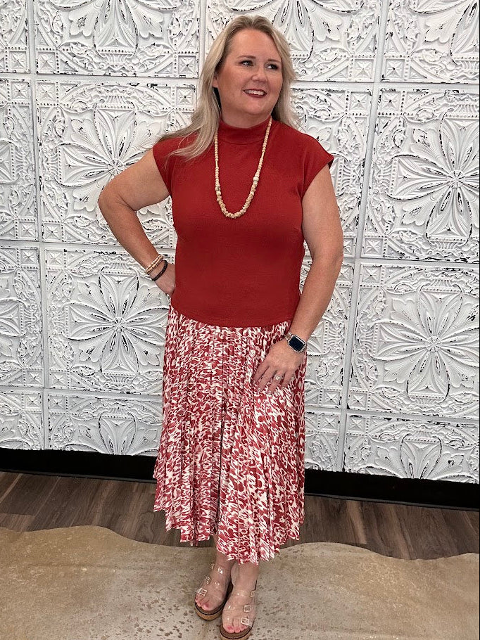 Rust Pleated Midi Dress