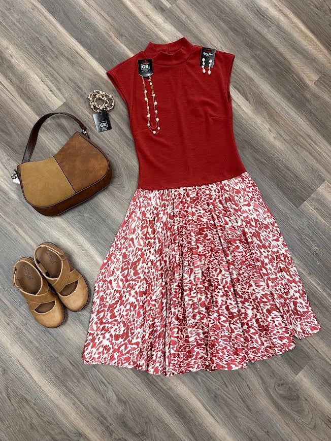 Rust Pleated Midi Dress
