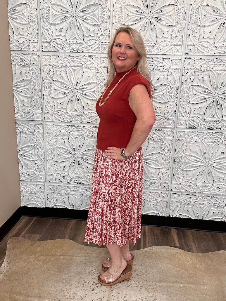 Rust Pleated Midi Dress