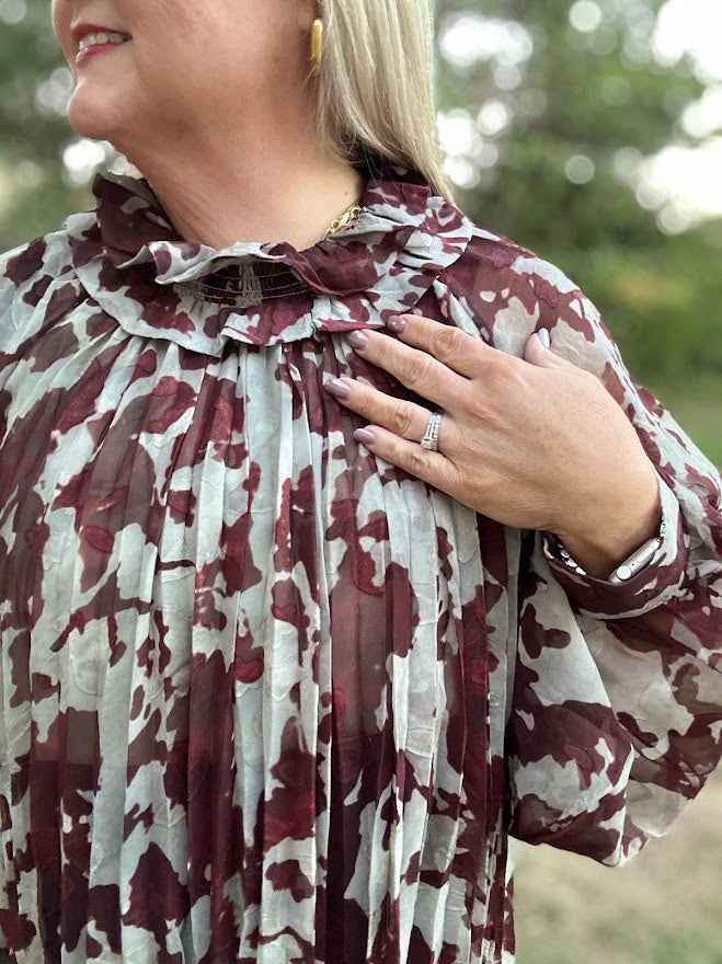 Sage Green Burnout Floral Pleated Ruffle Neck Blouse