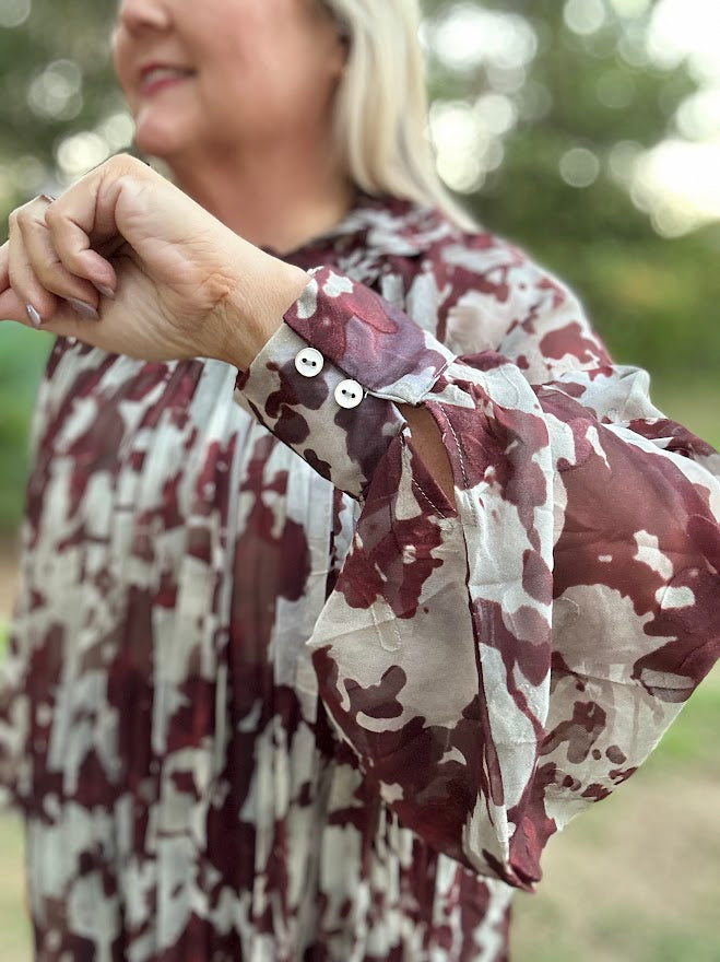 Sage Green Burnout Floral Pleated Ruffle Neck Blouse