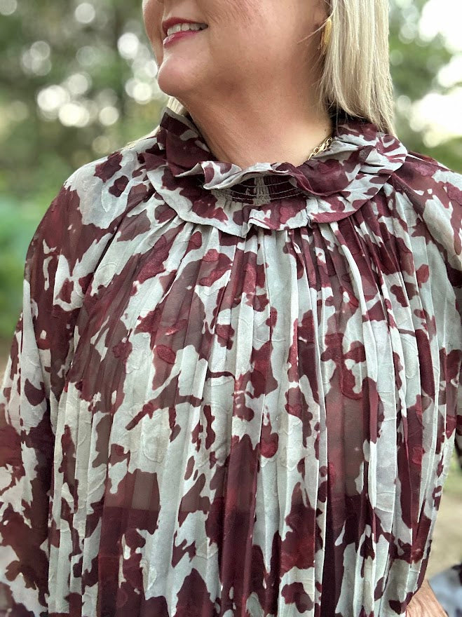 Sage Green Burnout Floral Pleated Ruffle Neck Blouse