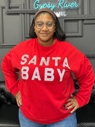 Santa Baby sweatshirt, Christmas pullover, holiday sweatshirt, festive top, cozy Christmas wear, boutique holiday sweater, red Christmas top, Santa shirt, holiday lounge top, women’s Christmas sweatshirt