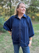 Satin Balloon Sleeve Button Down Blouse