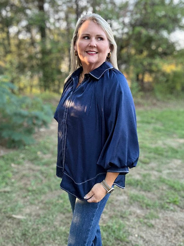 Satin Balloon Sleeve Button Down Blouse