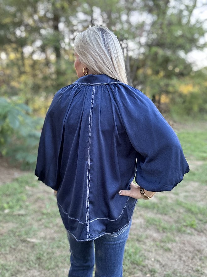 Satin Balloon Sleeve Button Down Blouse