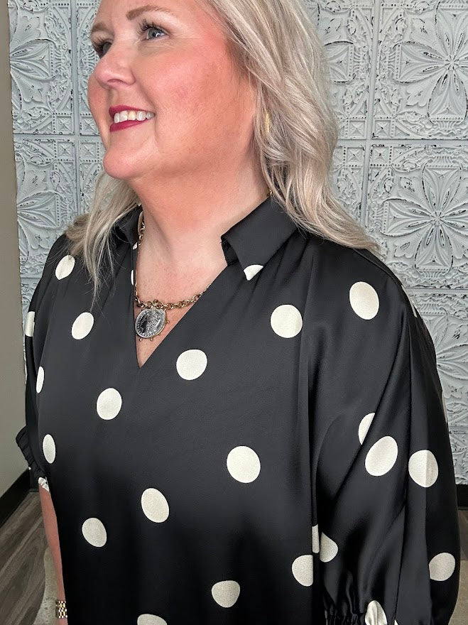 Satin Polka Dot Collared Blouse