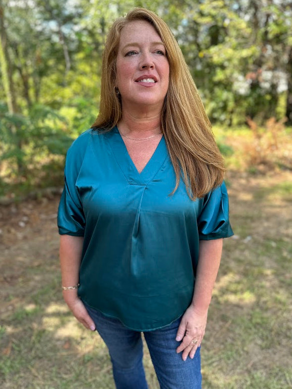 Satin V-Neck 3/4 Sleeve Blouse