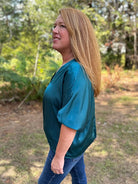 Satin V-Neck 3/4 Sleeve Blouse