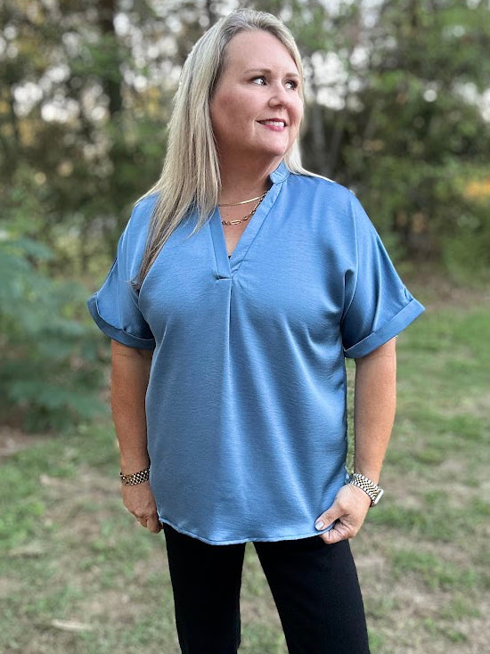 Satin V-Neck Placket Cuffed Sleeve Blouse