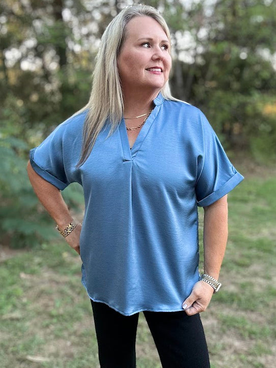 Satin V-Neck Placket Cuffed Sleeve Blouse