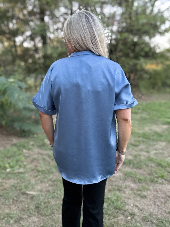 Satin V-Neck Placket Cuffed Sleeve Blouse