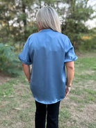 Satin V-Neck Placket Cuffed Sleeve Blouse