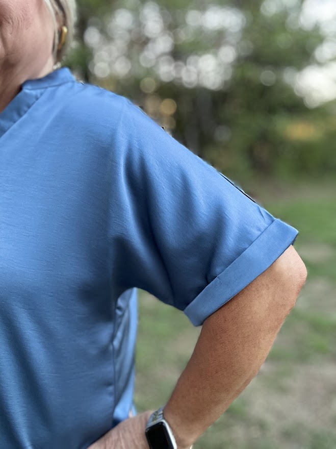 Satin V-Neck Placket Cuffed Sleeve Blouse