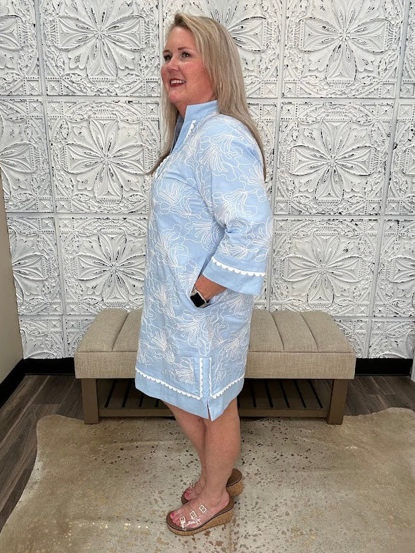Scallop Trim Embroidered Shift Dress