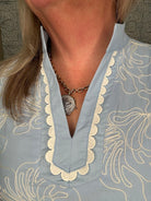Scallop Trim Embroidered Shift Dress