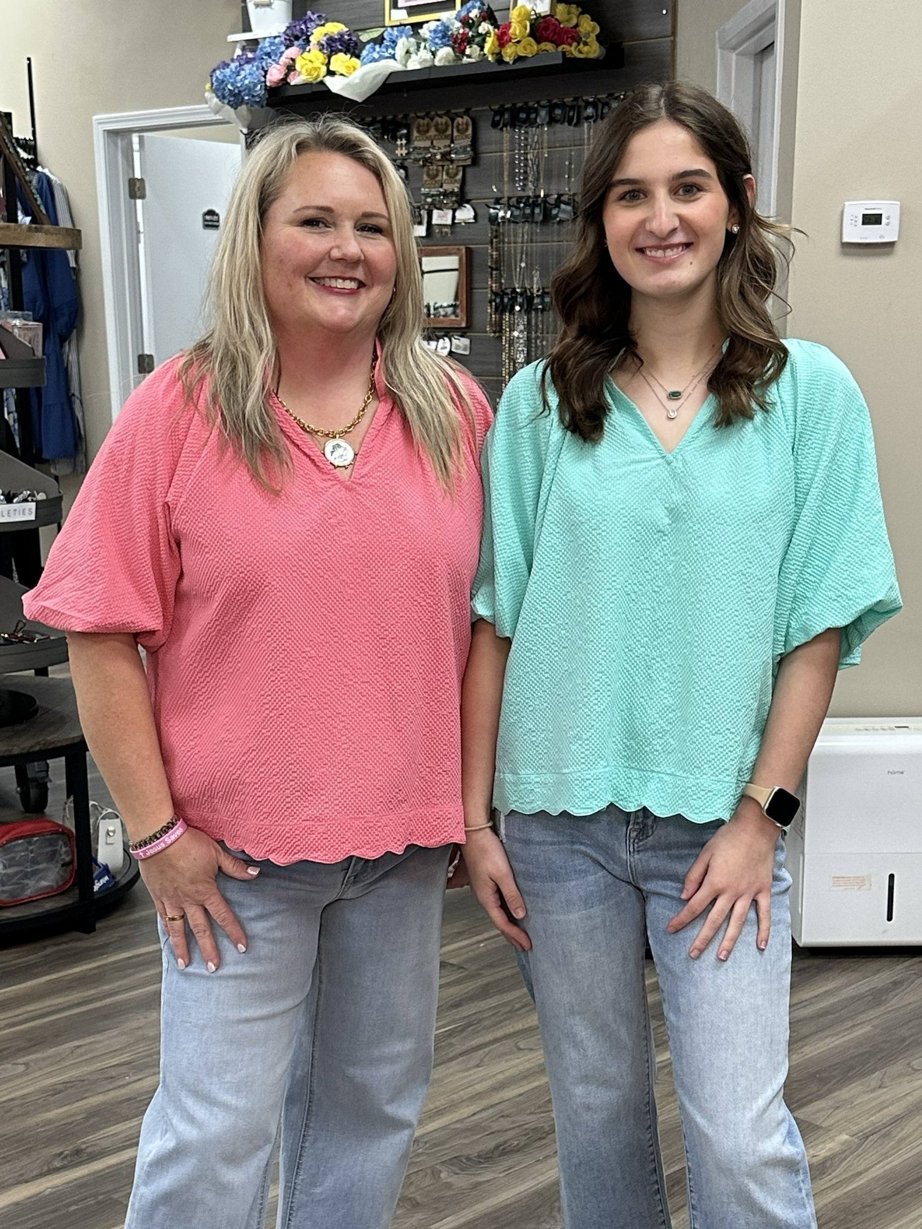 seersucker bubble sleeve top, scalloped hem blouse, mint seersucker top, peony pink blouse, curvy seersucker top, boutique summer blouse