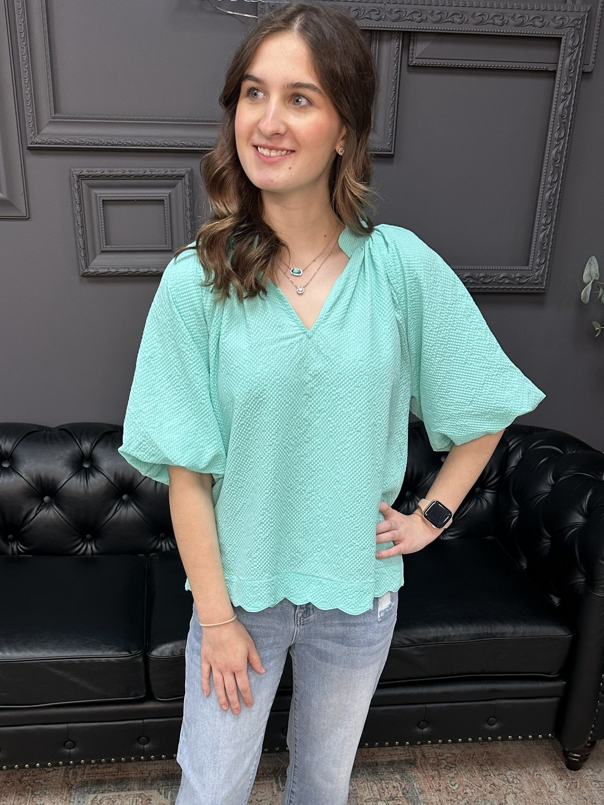 seersucker bubble sleeve top, scalloped hem blouse, mint seersucker top, peony pink blouse, curvy seersucker top, boutique summer blouse