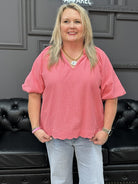 seersucker bubble sleeve top, scalloped hem blouse, mint seersucker top, peony pink blouse, curvy seersucker top, boutique summer blouse